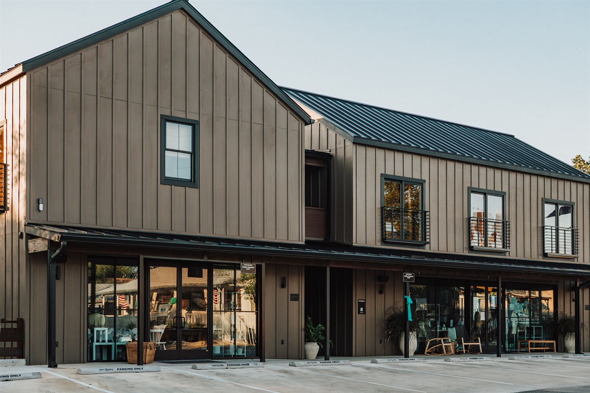 Gaines Ranch on the Square from Wimberley Square — a modern Western boutique building, steps from downtown wine, dining, and boutique shops.