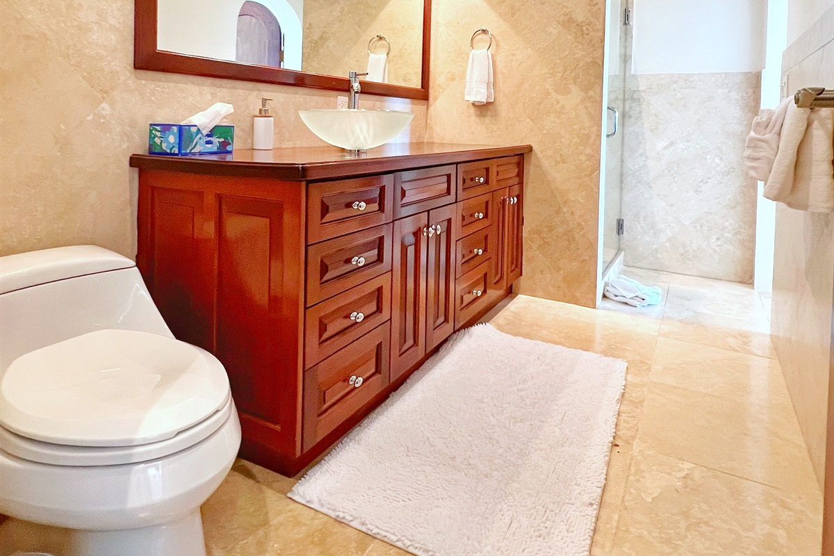The apartment bathroom that is connected to the living room of the apartment and the apartment bedroom.