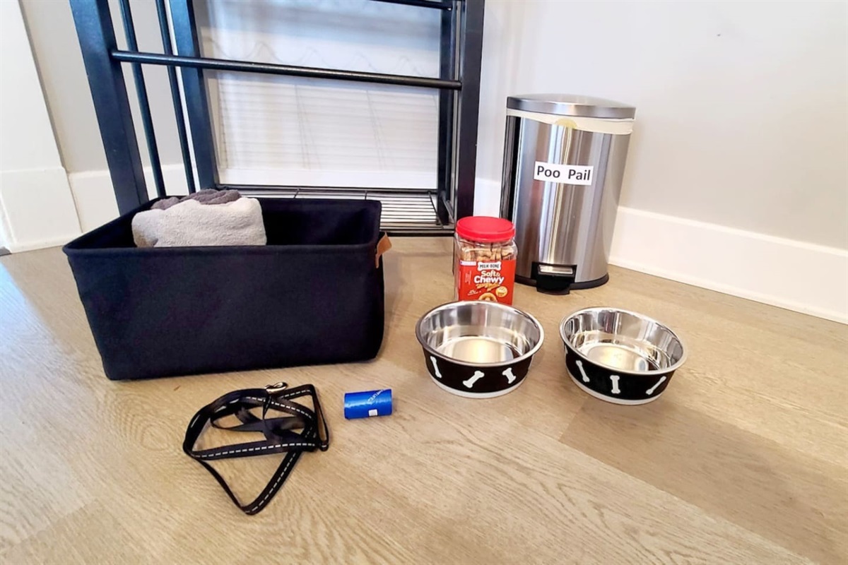 Dog bowls, leash, towel, and Poo bags provided.