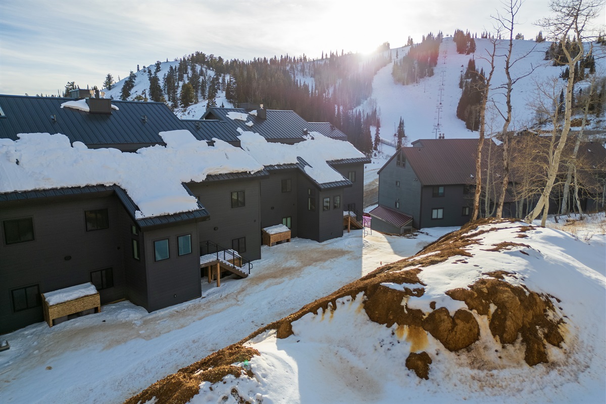Exterior rear view of the building in winter.