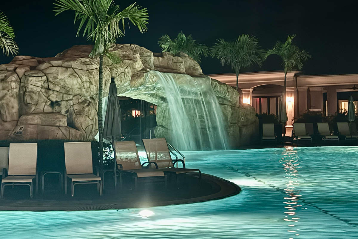 Club house pool with falls