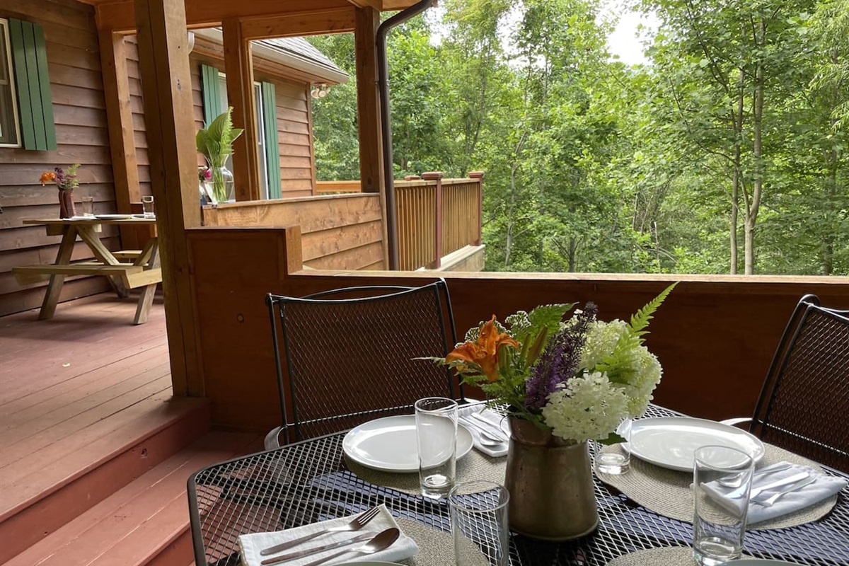 And there is even more outside seating with a dining table in the porch nook and a small picnic table. Owl's Nest is an outdoor oasis and encourages guest to spend time outdoors with all kinds of things to do