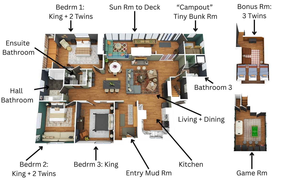Explore the full layout of Emberwood Chalet—every bedroom, bathroom, and hangout space is labeled for easy planning. Click the picture to zoom in and see all the details of the home’s floor plan.