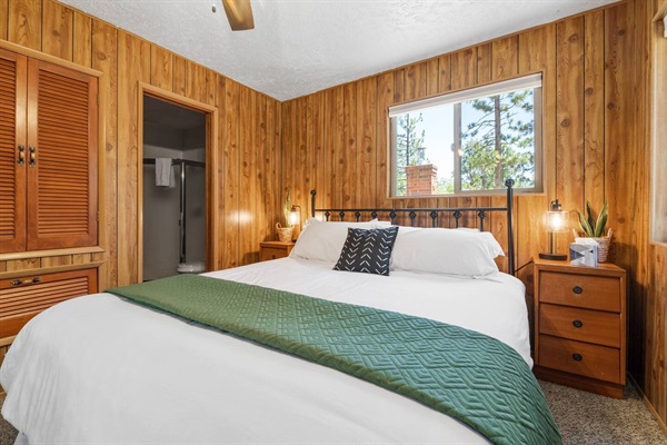 Our master bedroom is located upstairs and features a king size bed and ensuite bathroom