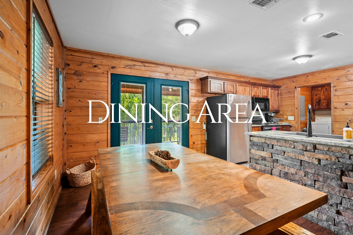 Custom wooden table perfect for big meals, board games, or a laptop-friendly workspace.