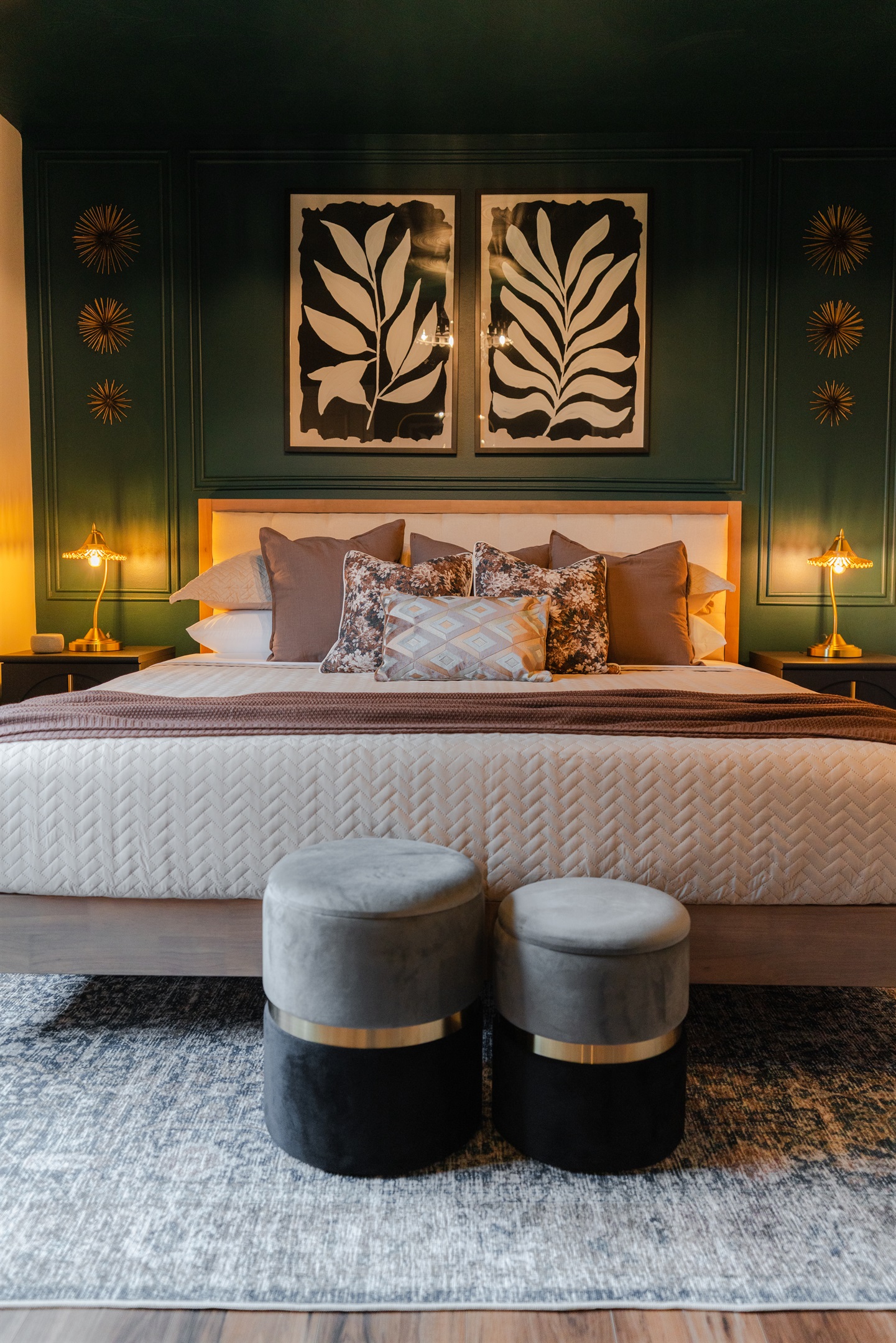 A spacious bedroom with a king bed and a comfortable setup for a good night’s sleep.