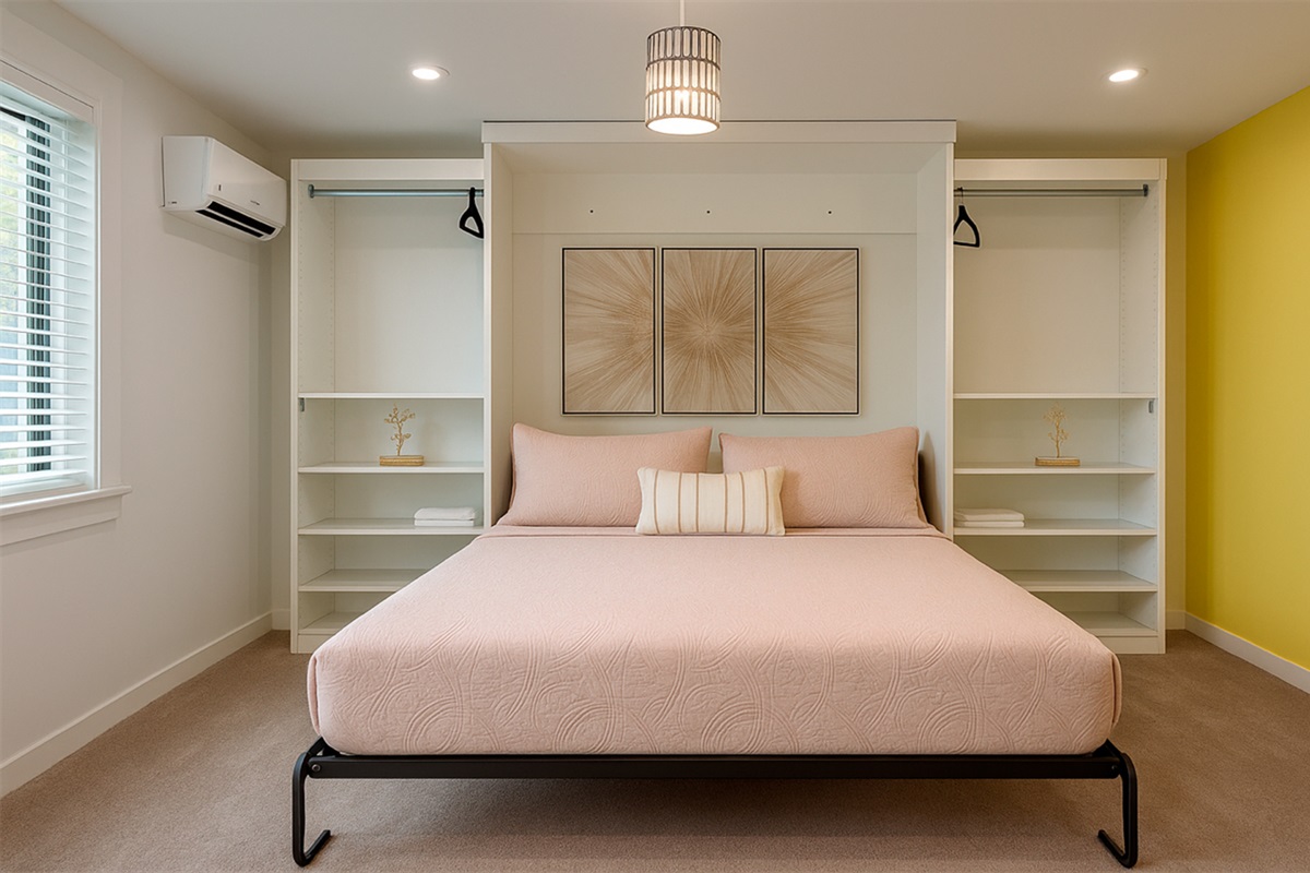 Wide view of The Gold Room at Garden of Manors, showing the bright bedroom, storage, mini-fridge, and sunny accent wall in Wilton Manors.