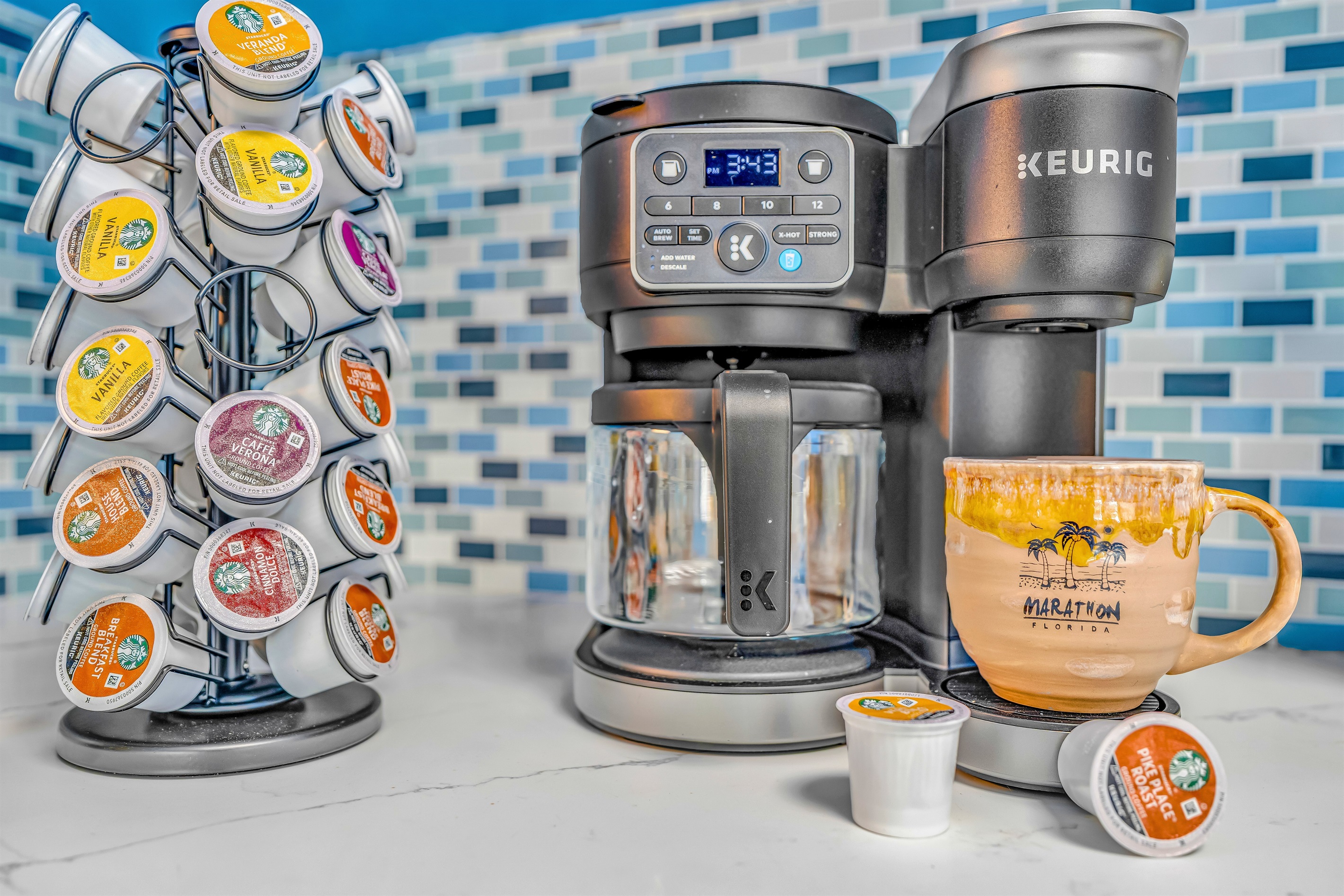 A coffee station welcomes every morning.