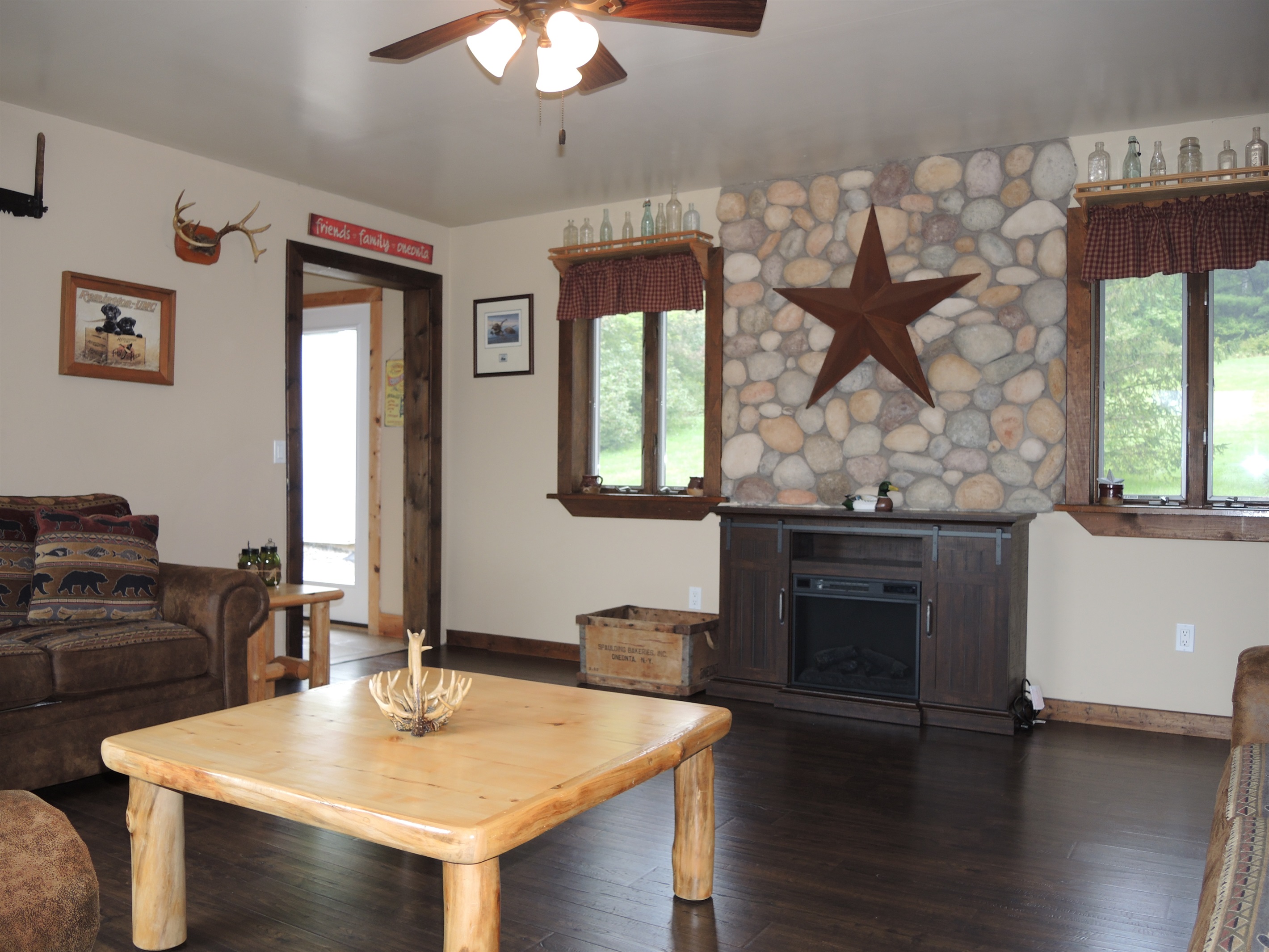 Living Room with a stone wall!
