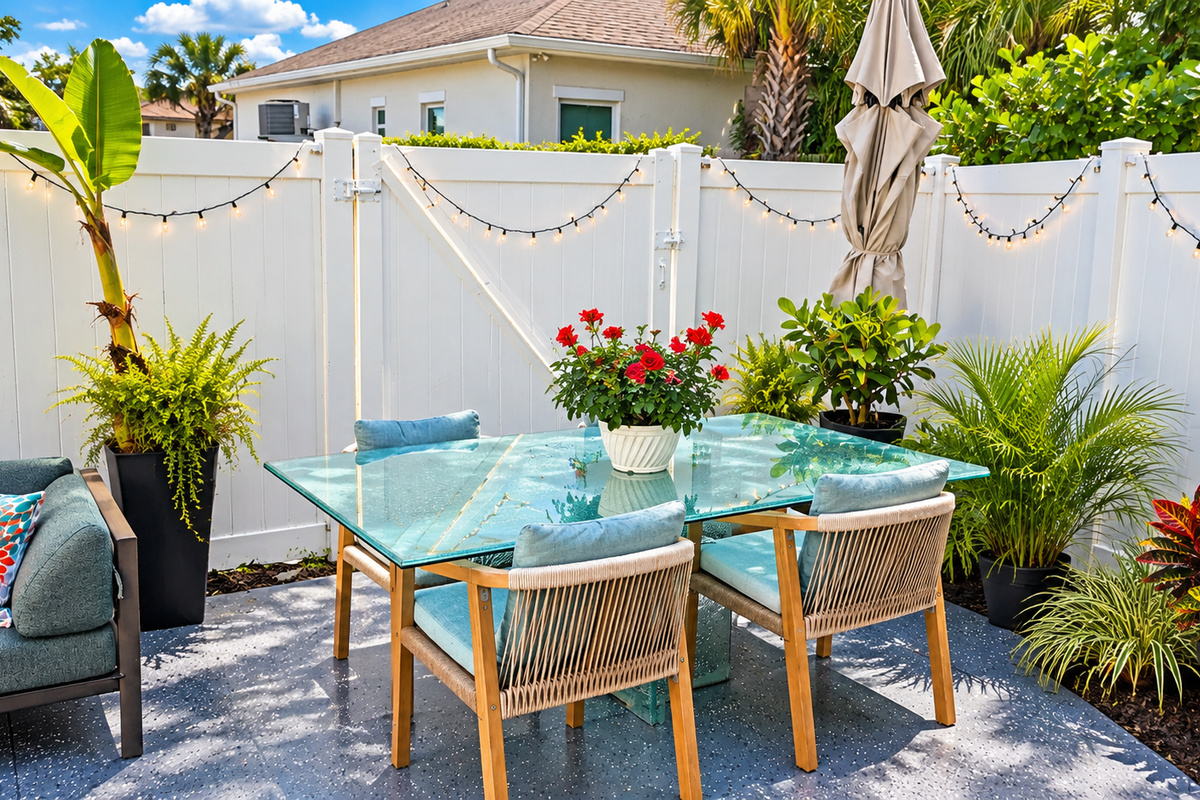 Luxury outdoor privacy fence with contemporary furnishings, perfect for morning coffee or evening entertainment.