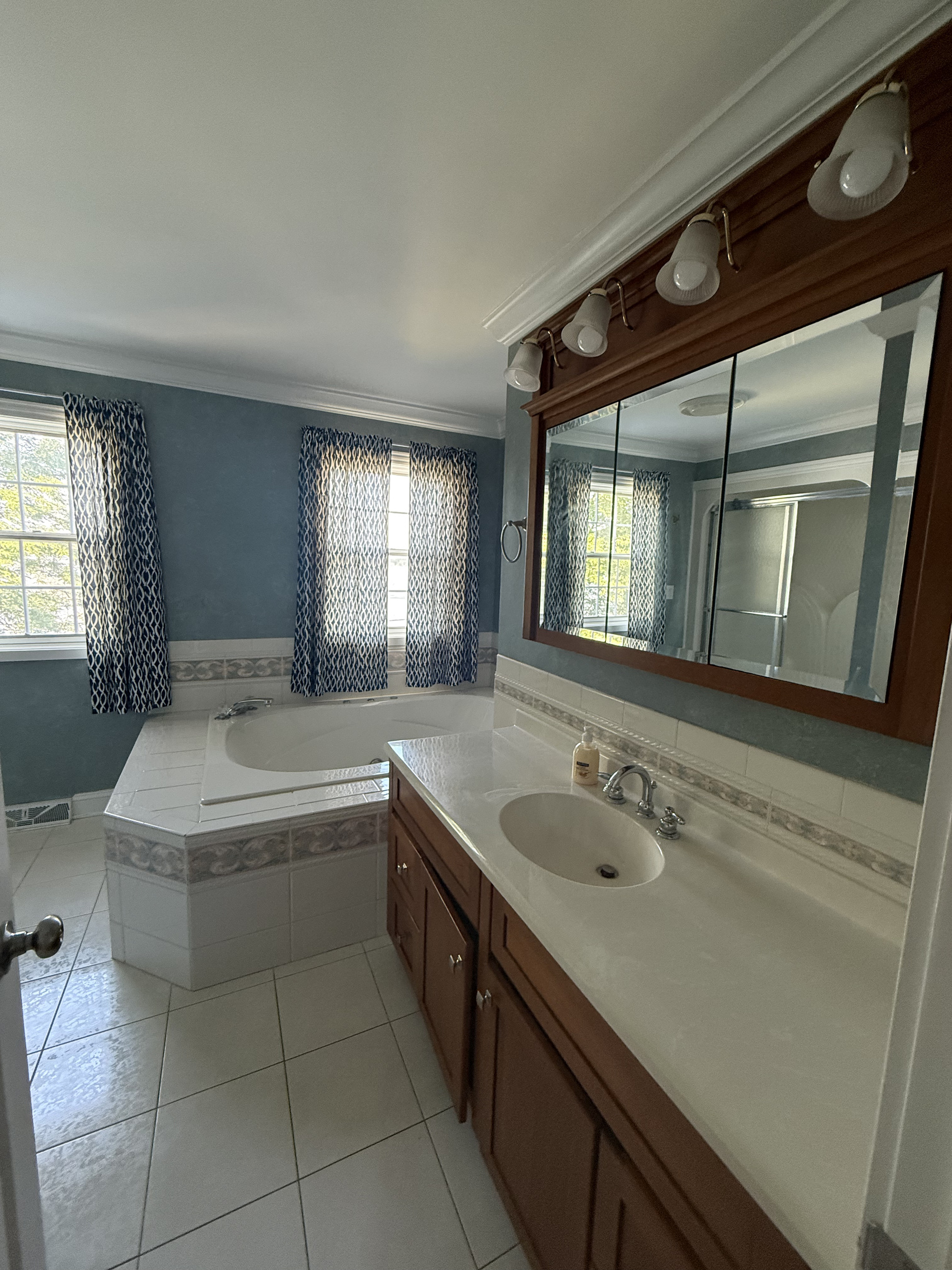 2nd floor primary bedroom's ensuite bathroom - Shower, tub, and large counter space.