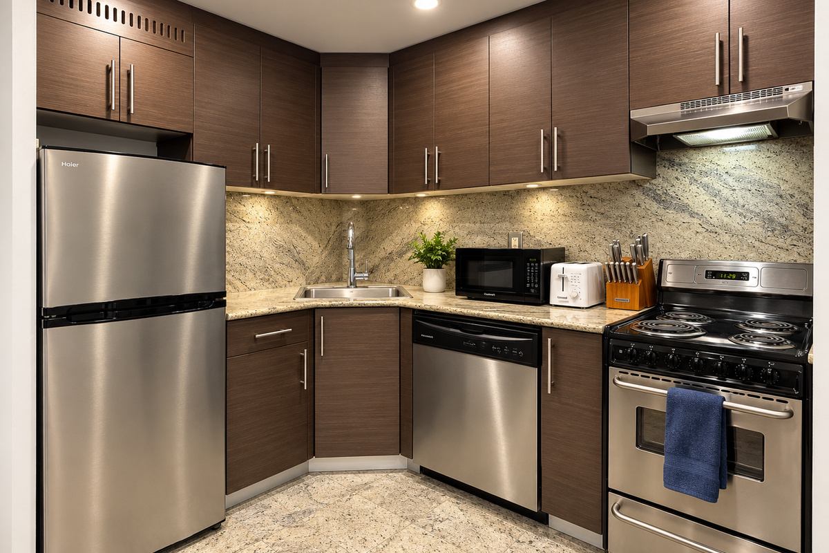 Fully equipped kitchen with stainless steel appliances and gas range — Little Italy NYC 2-bedroom vacation rental.