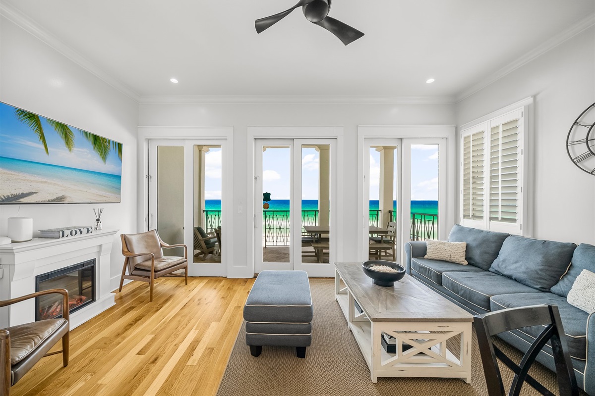 Unwind in style, spacious living room with endless Gulf views.