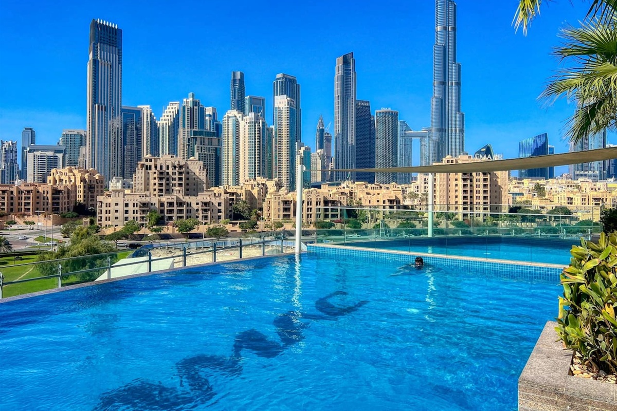 Swimming pool with full Burj Khalifa view