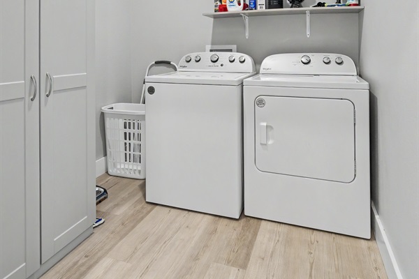 Full Laundry room available with complimentary laundry pods included, perfect for drying swimsuits after a lake day or running a quick load before heading home.