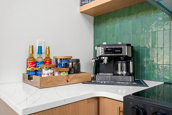 Start your morning with espresso, surrounded by the woods! Machine pictured has been upgraded to a Cuisinart Coffee Center that offers drip coffee, single K-cup, and espresso (pod) options. 