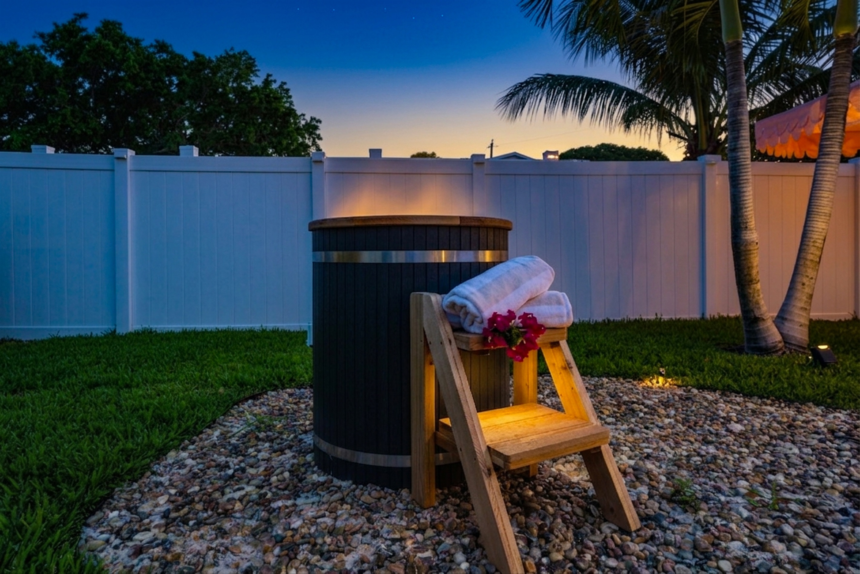 Recharge and recover in your own private cold plunge oasis, surrounded by tropical landscaping and peaceful outdoor vibes. Perfect for morning wellness routines, post-beach recovery, or relaxing under the stars after a day exploring Palm Beach
