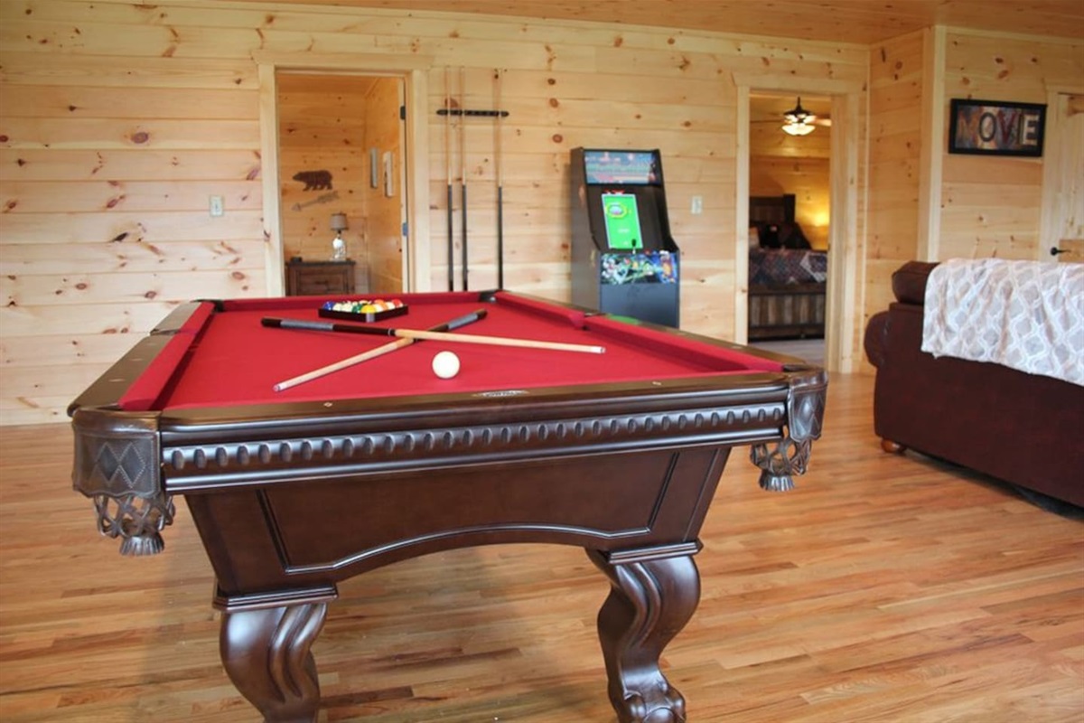 Game Room with pool table, arcade game, Xbox and 82" Smart TV