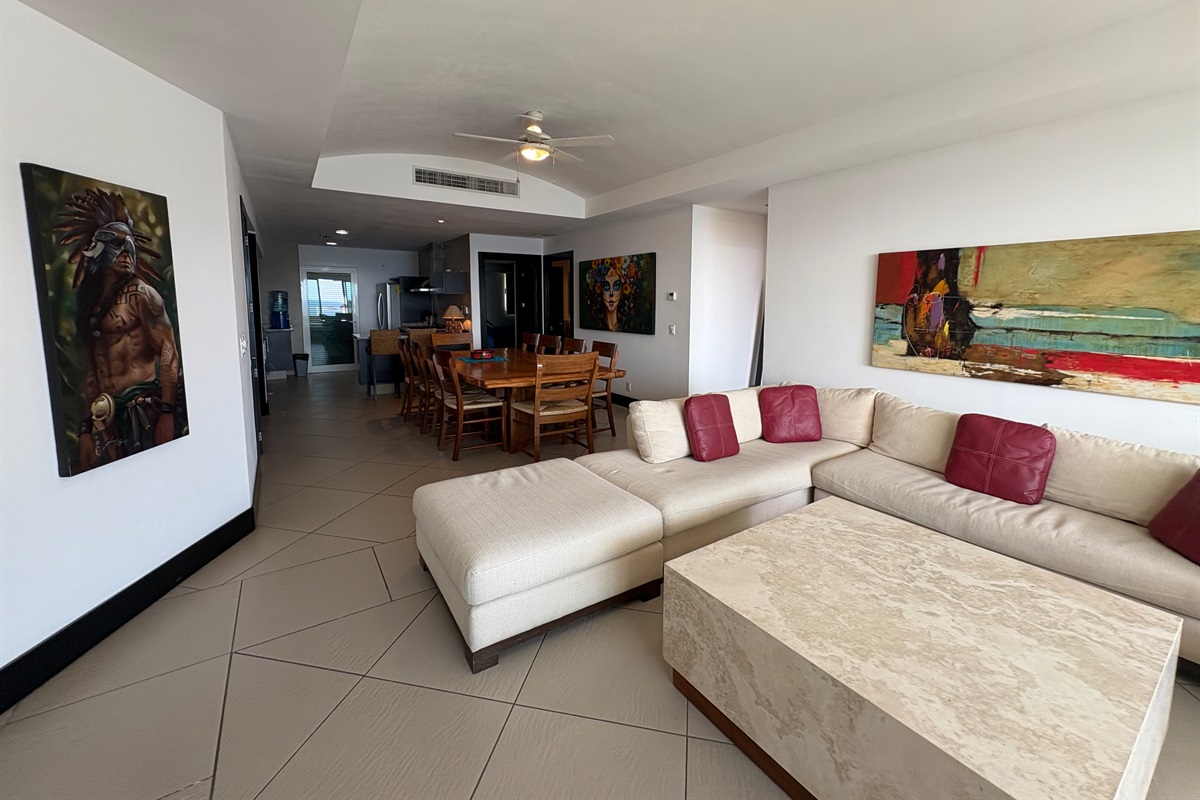 Living room seating and dining table area