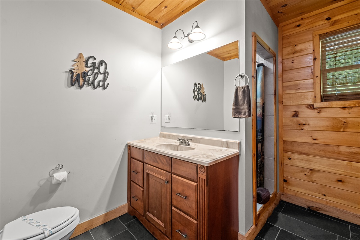 Basement Full Bath Slate Floors  with Shower adn Sauna