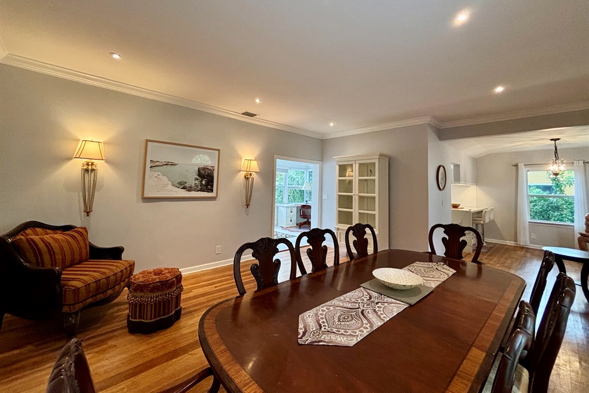 The large dining area has plenty of room for everyone to gather around the table for home-cooked meals together.