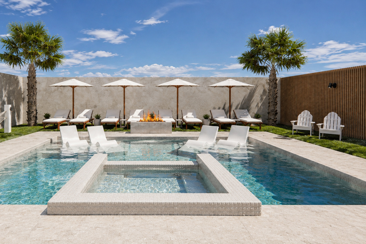 Private Pool with Hot Tub, Poolside Fireplace, Tanning Ledge, Umbrellas, Loungers, and Hammocks | Rendering