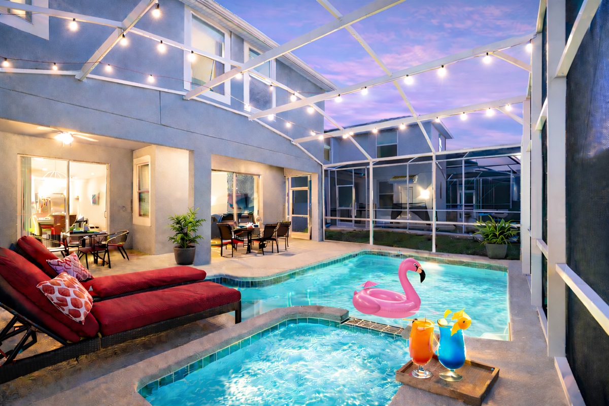 Twilight poolside paradise with a glowing spa, tropical sips, and cozy resort-style vibes.
