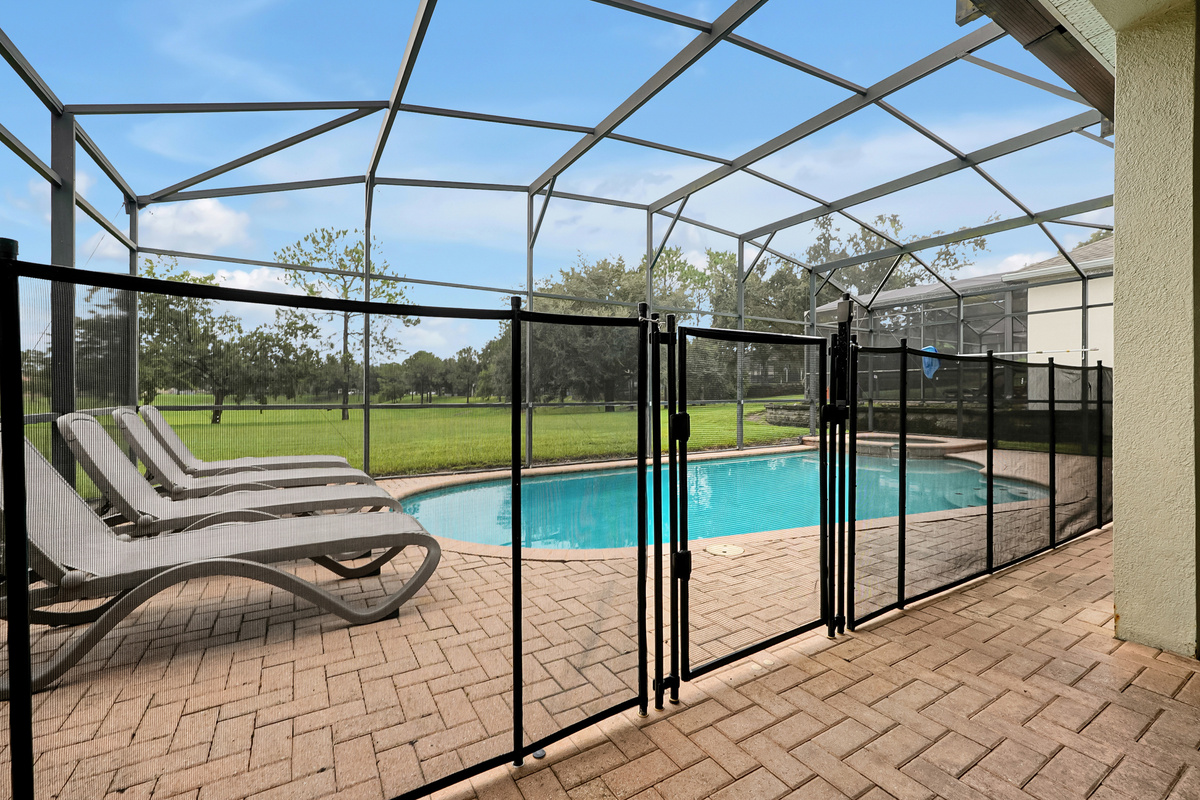 Pool safety fence and loungers