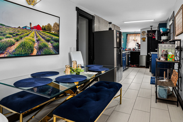 Kitchen and dining area to seat 6 to 8.