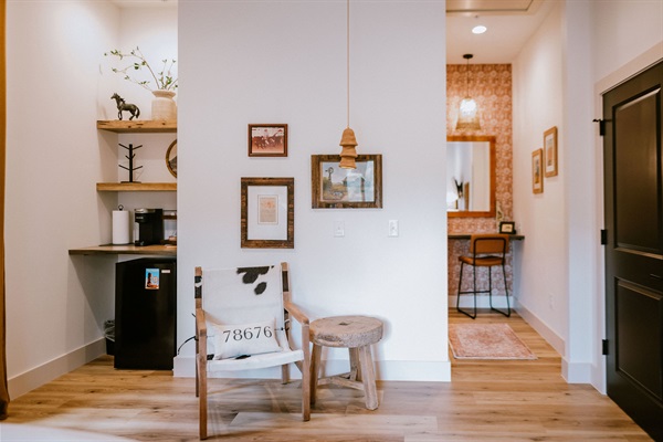 Its own coffee bar: Keurig, K-cups, and a mini fridge in a private nook, so morning starts without leaving the room.