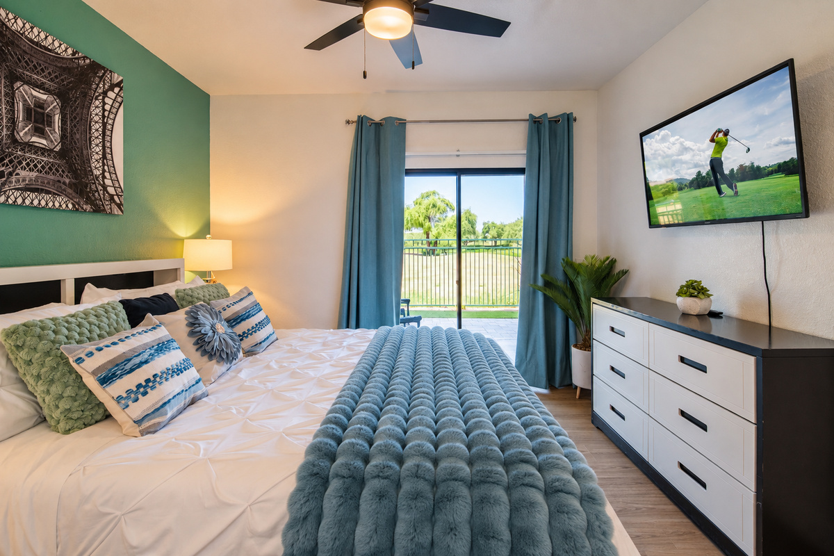 - Sleep soundly in a cozy bedroom featuring soft tones and modern lighting   - Relax under the ceiling fan and unwind after a long day of exploring   - Enjoy a calming space with soothing colors and plush comfort throughout