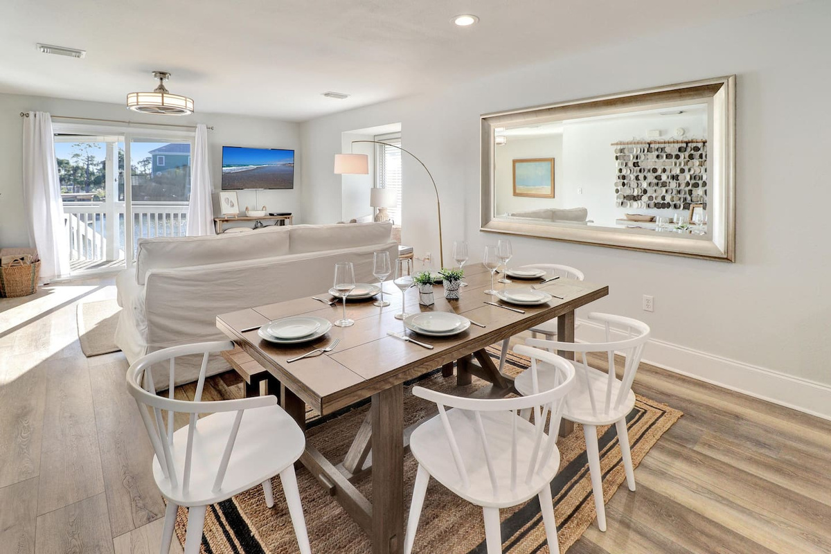 Pull up a chair and eat together &mdash; the dining area fits the whole group comfortably.