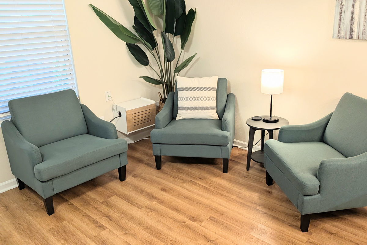 Settle in with a cup of coffee and a good book or for conversation in this seating corner.