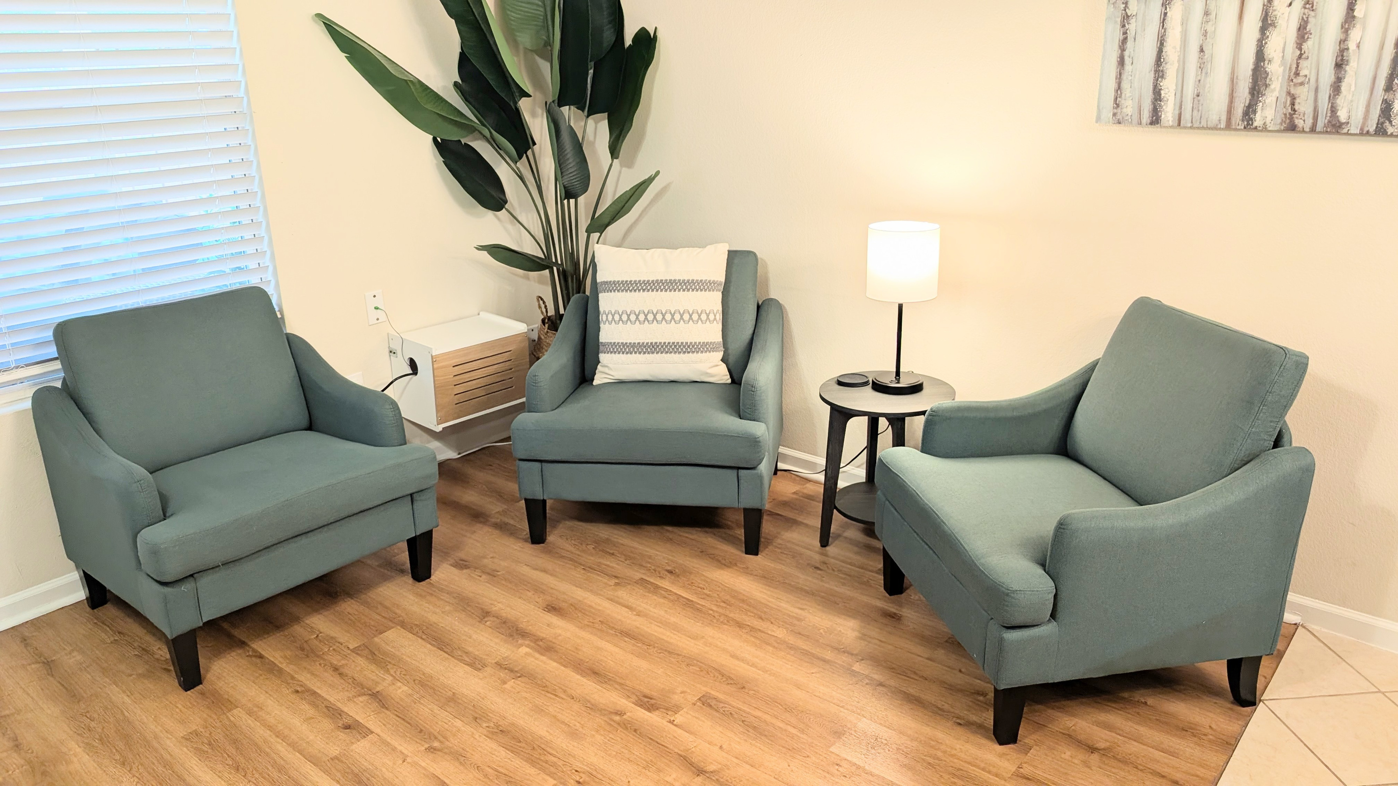 Settle in with a cup of coffee and a good book or for conversation in this seating corner.
