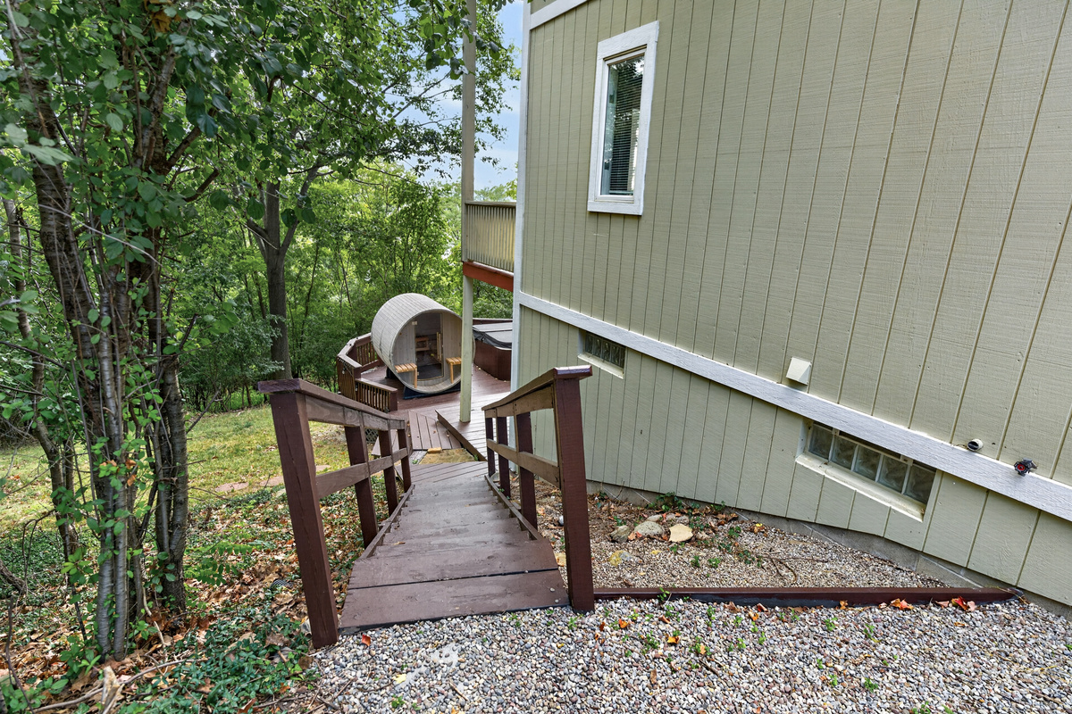 Gravel walkway along the house