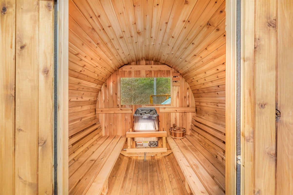 Inside the barrel steam sauna - perfect for relaxing and recharging. 