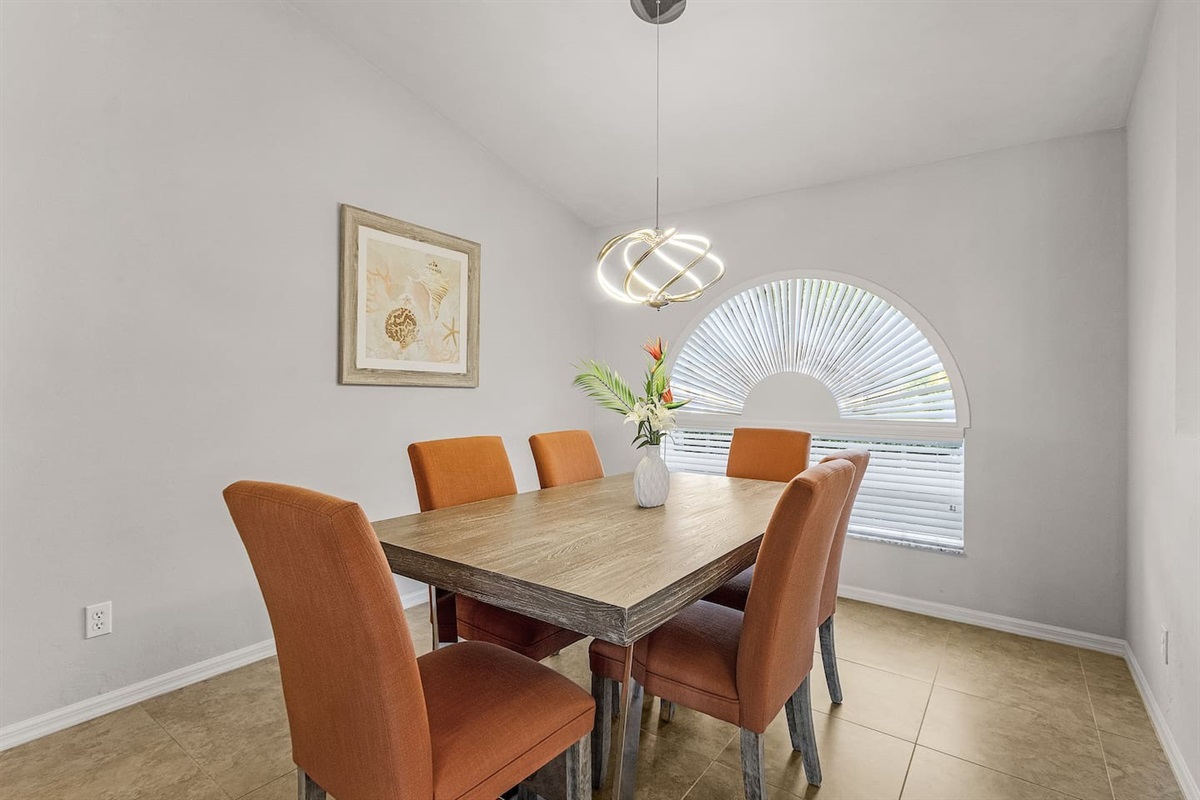 Spacious dining space with seating for 6 — ideal for family dinners or gatherings!