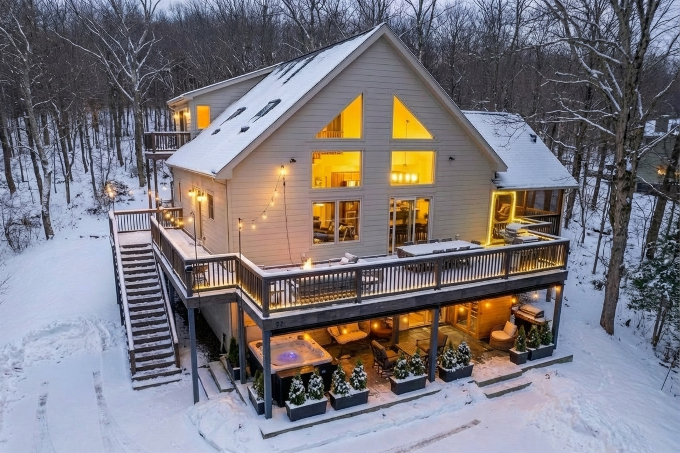 Snowy mountain retreat with hot tub, sauna & wraparound decks—warm lights, forest views, and cozy interiors make this the perfect Wintergreen ski-season escape.