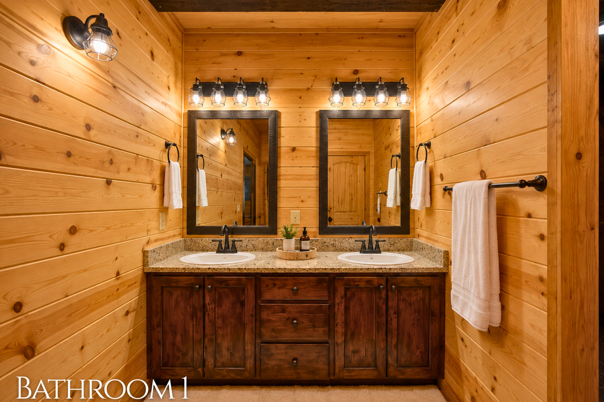 Double sinks and rustic cabinetry give this bathroom a spacious yet welcoming feel that&rsquo;s perfect for sharing.