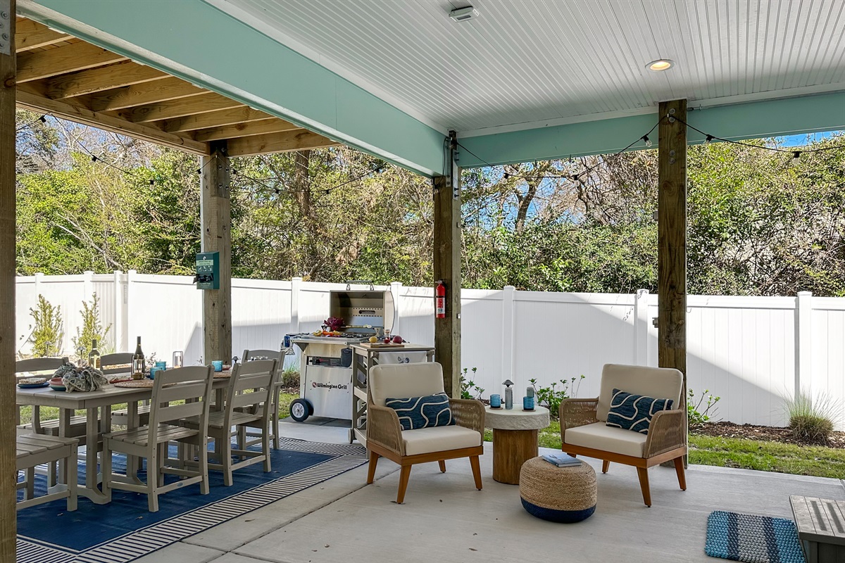 With an outdoor dining area and extra seats.