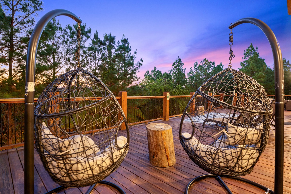 Unwind in these swinging chairs while taking in the peaceful scenery—perfect for enjoying your morning coffee or evening breeze.