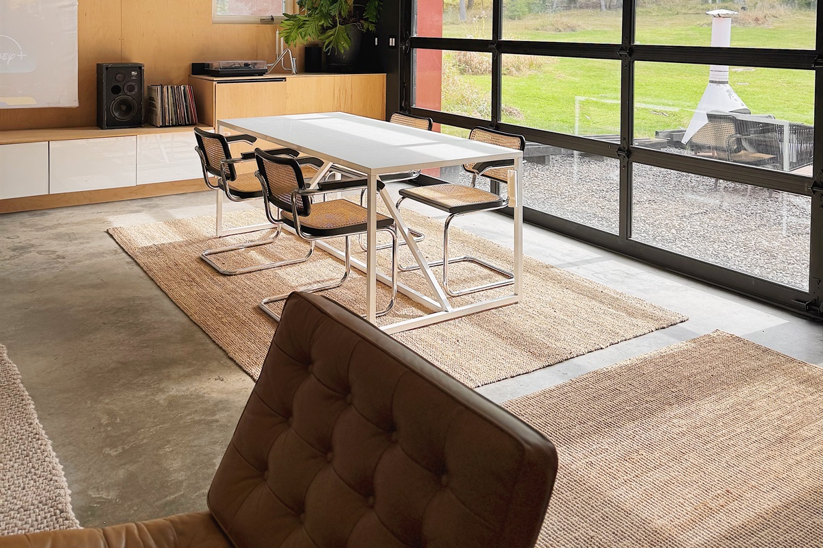 Dining table and record player.