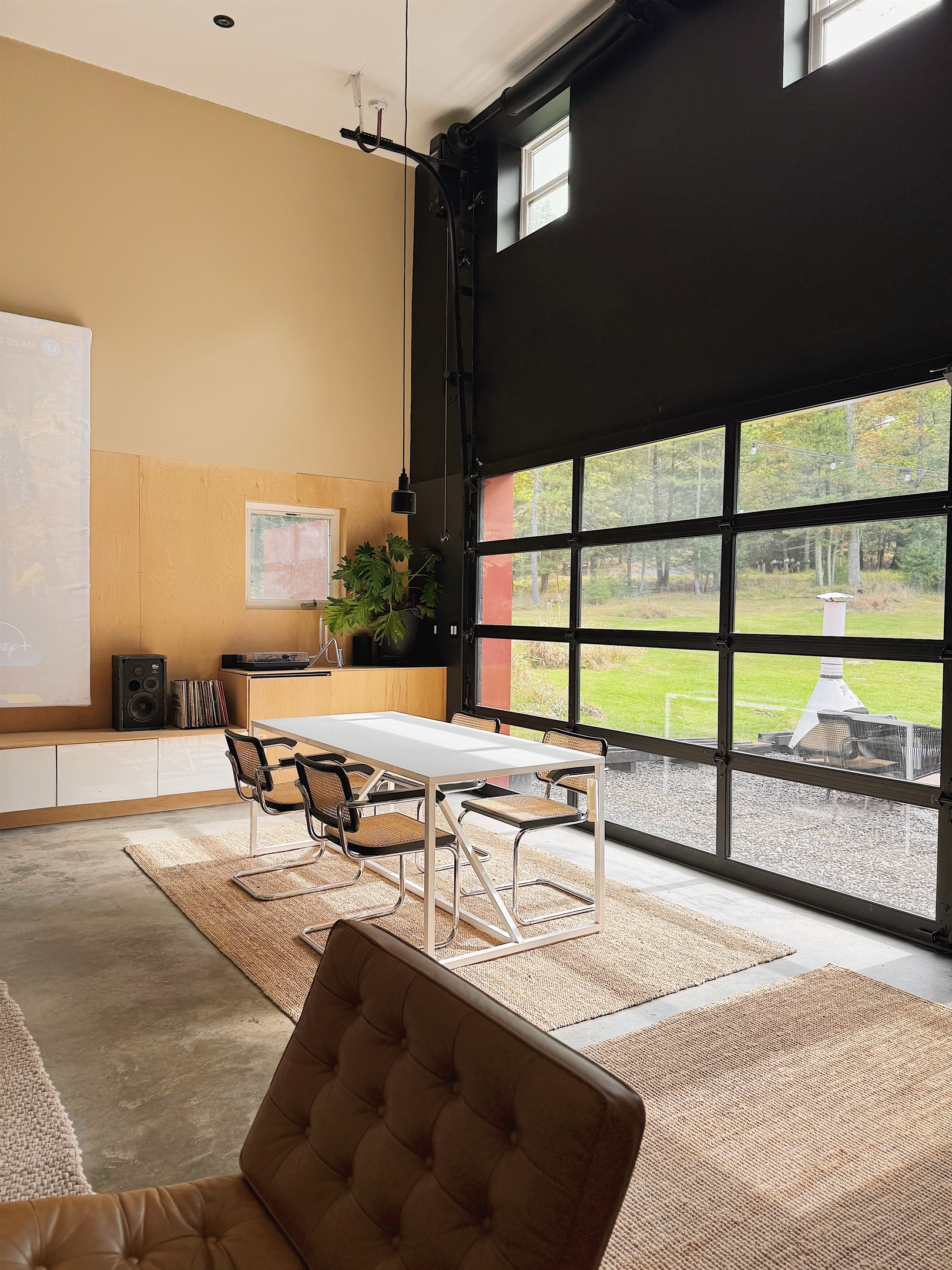 Dining table and record player.