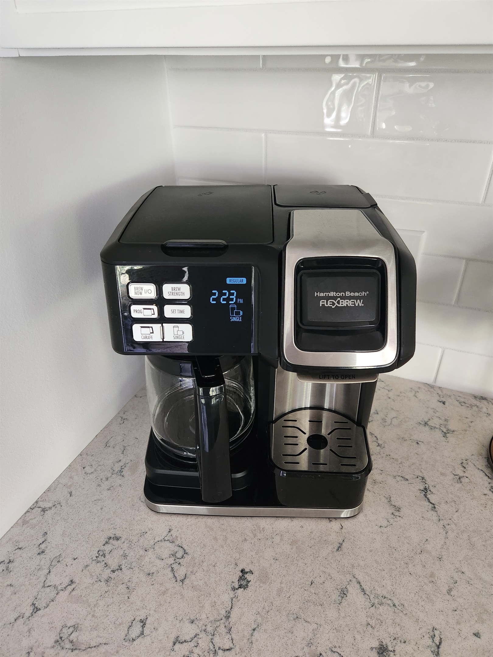 The ever so important coffeemaker is a dual kcup and drip style coffeemaker