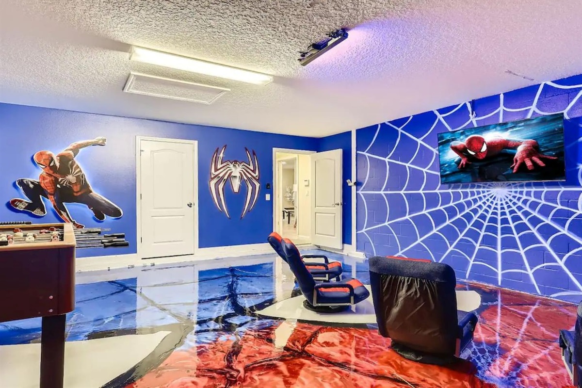 Garage transformed into a game/cinema room