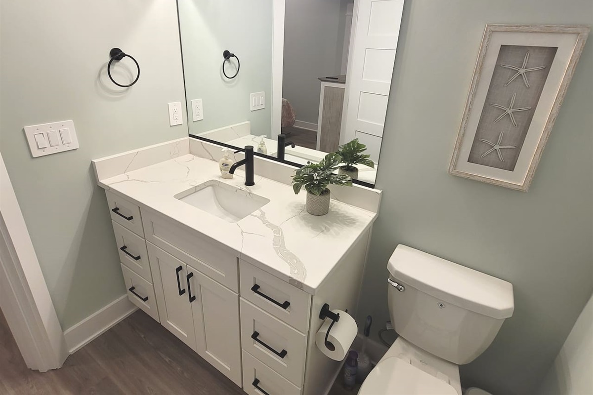 Bright master bathroom.