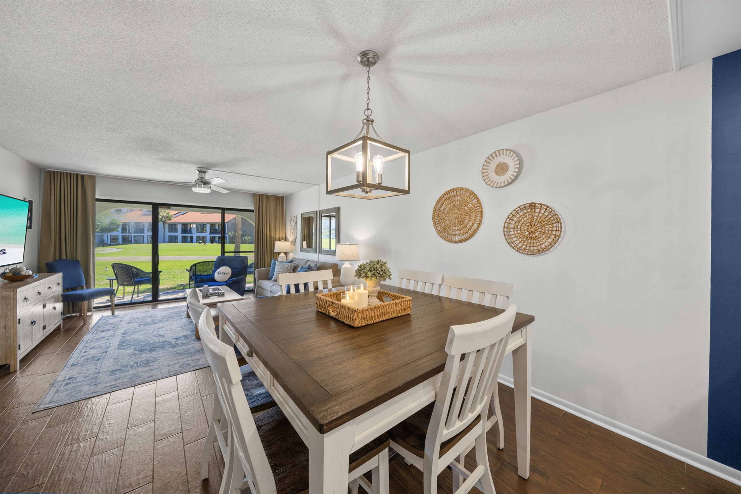 Large high-top dining table with comfortable seating for 6