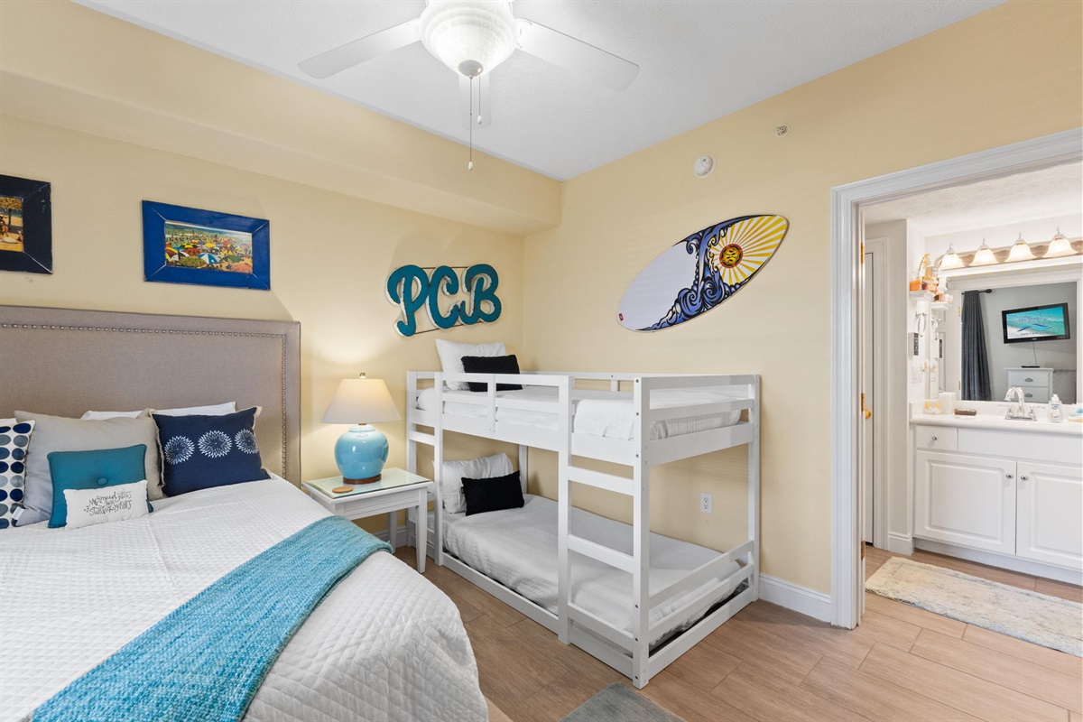 Bedroom 2 with Queen Bed and Twin Bunk Beds