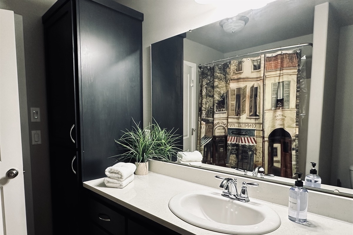 A modern bathroom featuring a mirror above a white sink, a potted green plant, neatly stacked white towels, a dark cabinet, and a decorative shower curtain displaying a street scene with buildings and awnings.