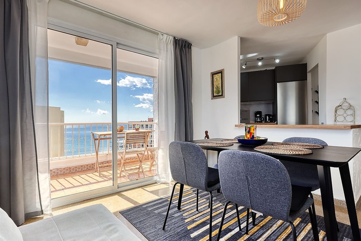 Benalmadena Seafront Apartment: Living room and a terrace overlooking the Mediterranean